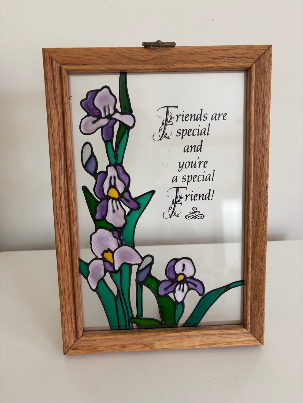 Friendship Floral Stained Glass Panel in Purple and Green - Oak Frame